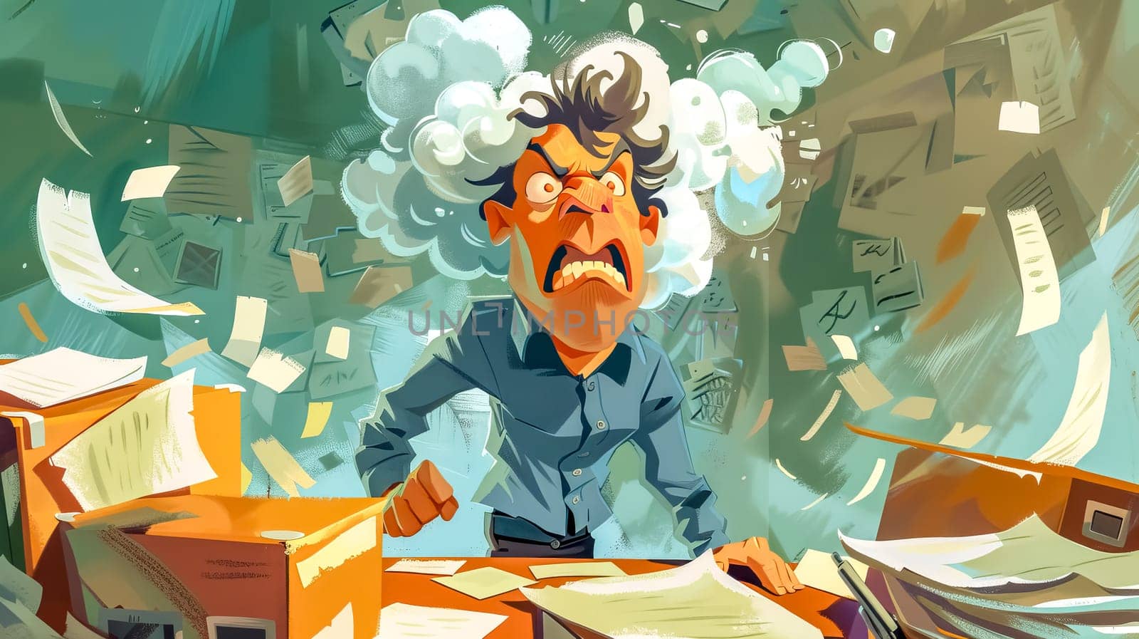 Cartoon illustration of a stressed office worker with steam coming out of his ears screaming under pressure with documents flying around
