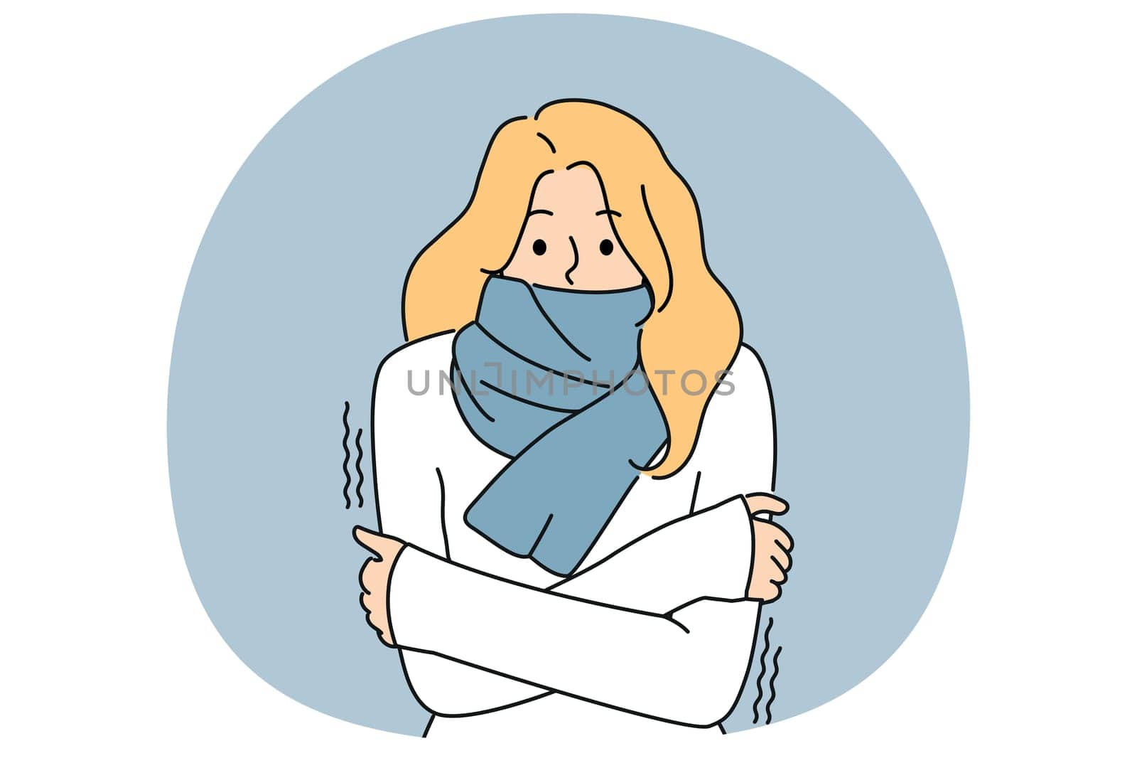 Freezing woman with scarf around neck is shivering from cold and needs warm clothes or climate equipment. Freezing girl suffers from sudden change in temperature and onset of winter
