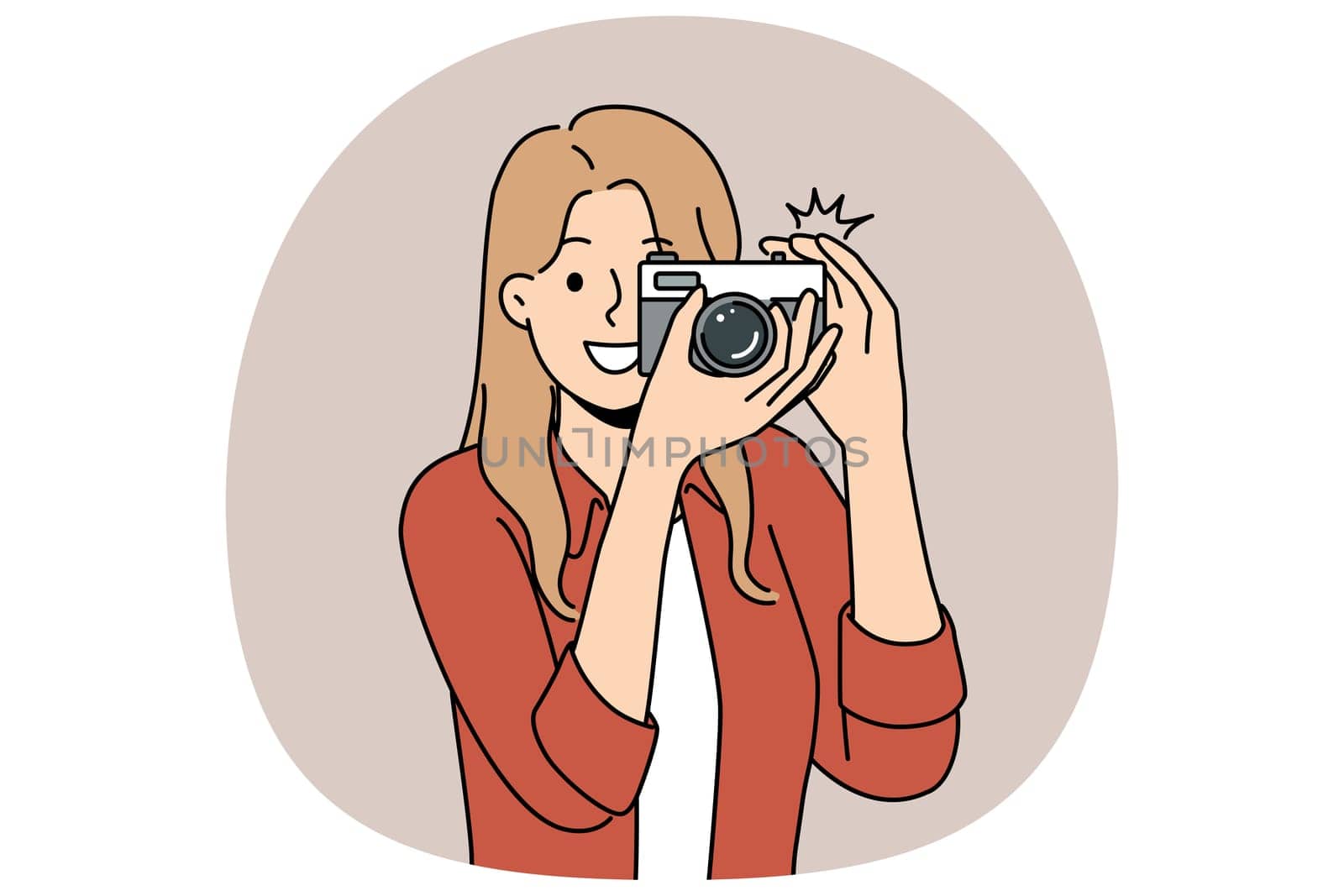 Woman with camera with smile takes photo for publication in newspaper or on pages of personal internet blog. Young happy girl uses camera to capture picturesque locations while traveling