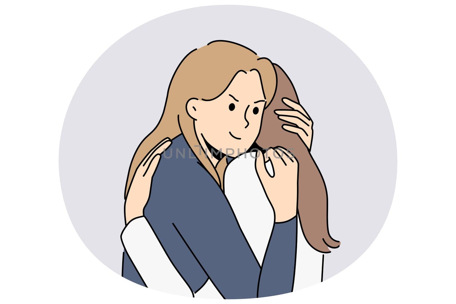 False friendship between two women hugging and conceived insidious plan in secret from friend. Insidious girl cunningly hugs crying female friend to console after breaking up with boyfriend