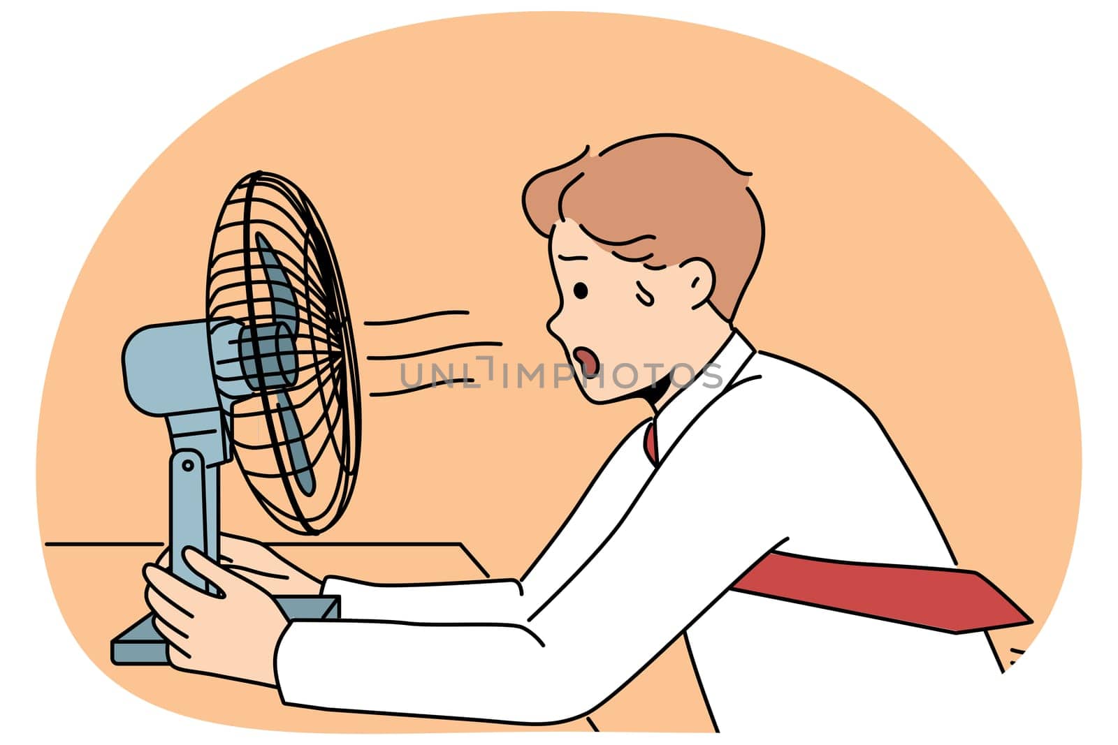 Sweaty man sits in front of fan enjoying cold wind from electric climate control equipment. Young businessman with fan suffers from lack of air conditioning and ventilation in office