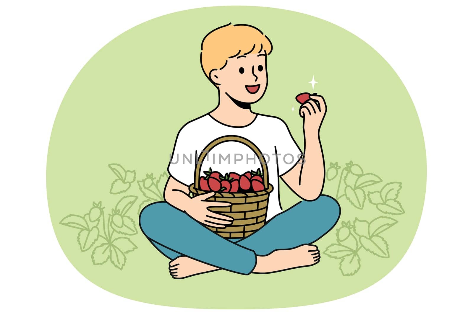 Little boy eats strawberries sitting in clearing with yagid bushes on fruit farm or plantation. Child enjoys taste of fresh organic strawberries grown without use of pesticides and chemicals.