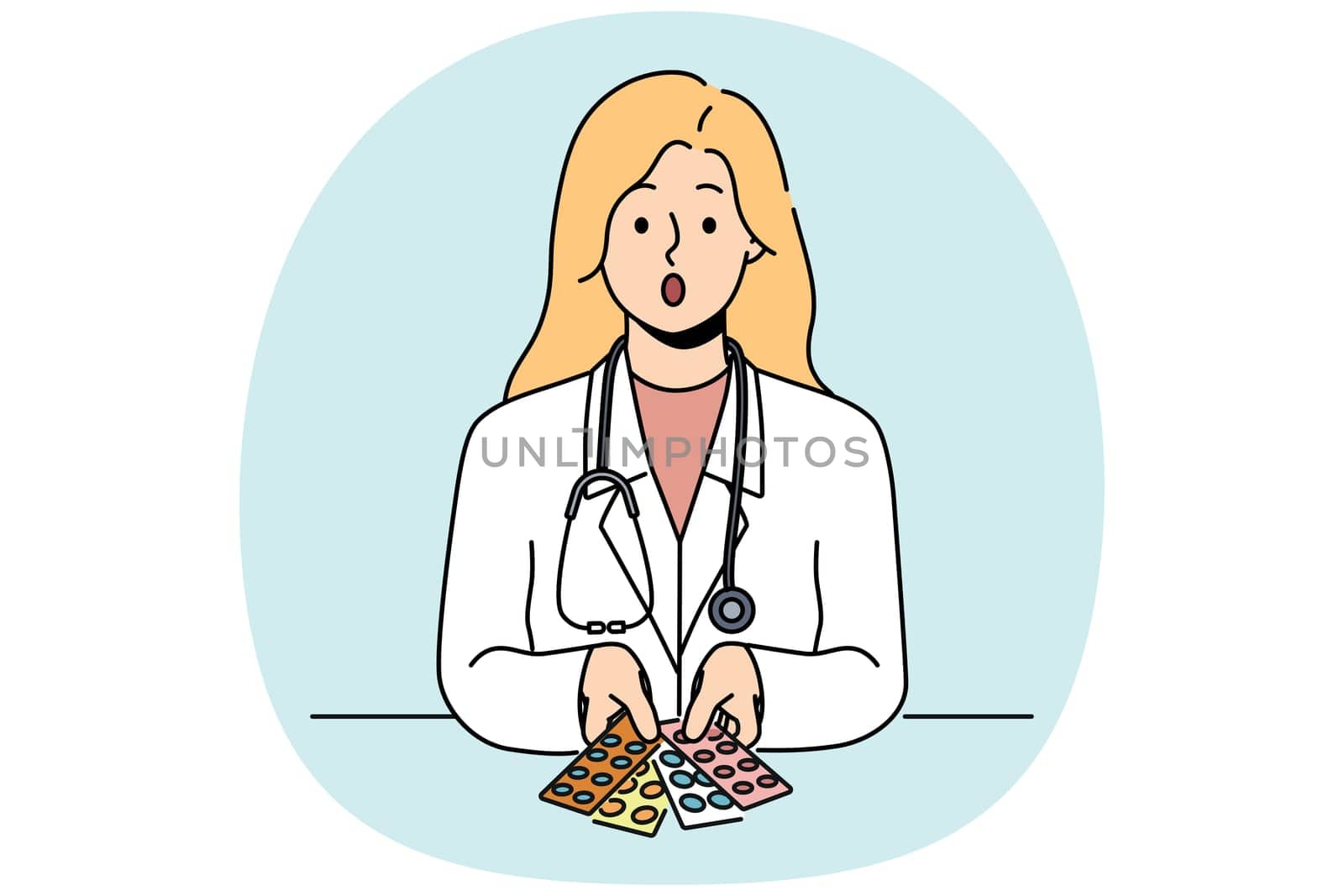 Surprised woman doctor with pills in blisters feels distrustful of drugs that can harm patient. Skeptical girl doctor with stethoscope around neck does not want to recommend untested medicines