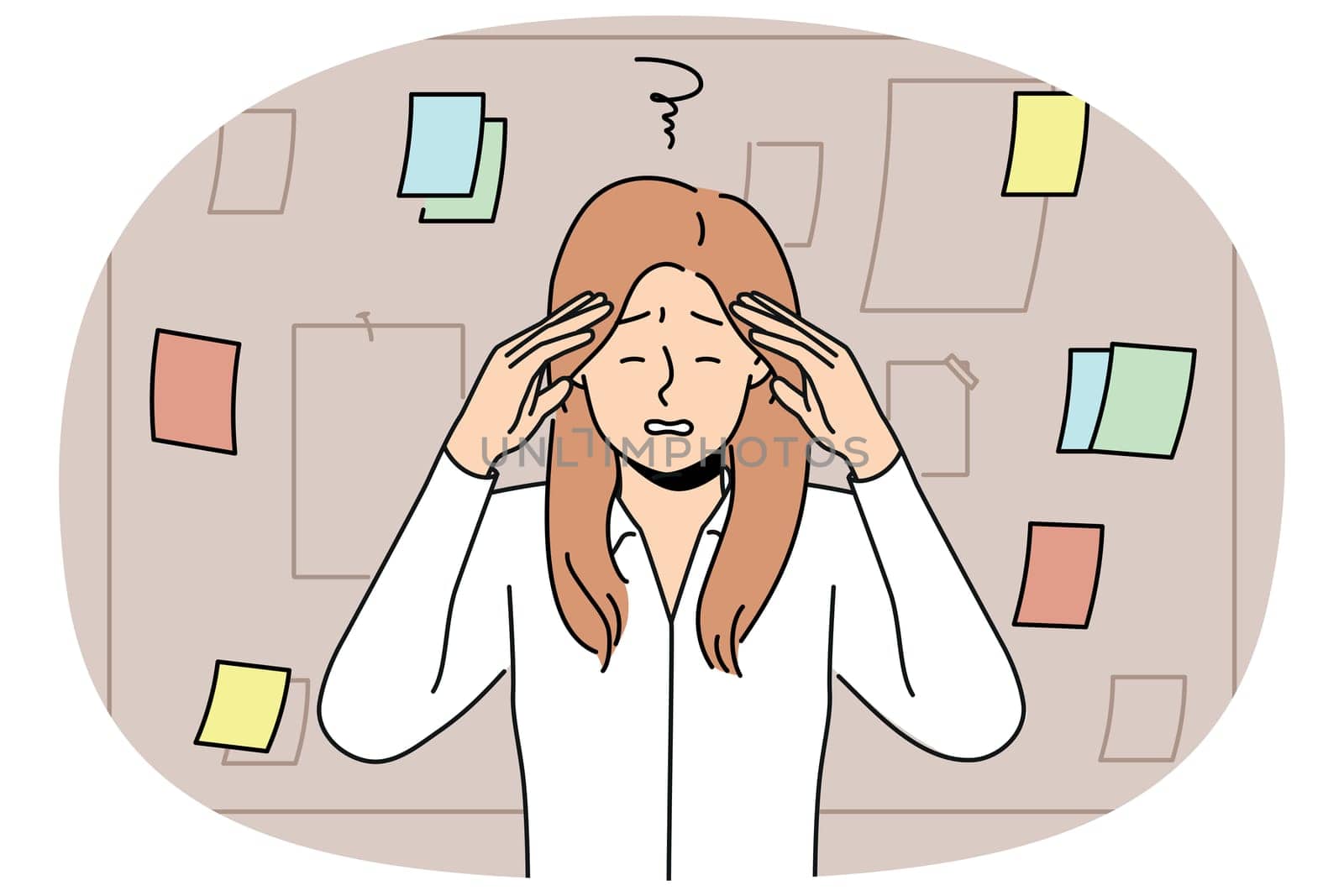 Tired businesswoman stands near blackboard with notes and grabs head after learning about overdue deadline. Woman manager feeling headache due to regular overtime caused by strict deadline