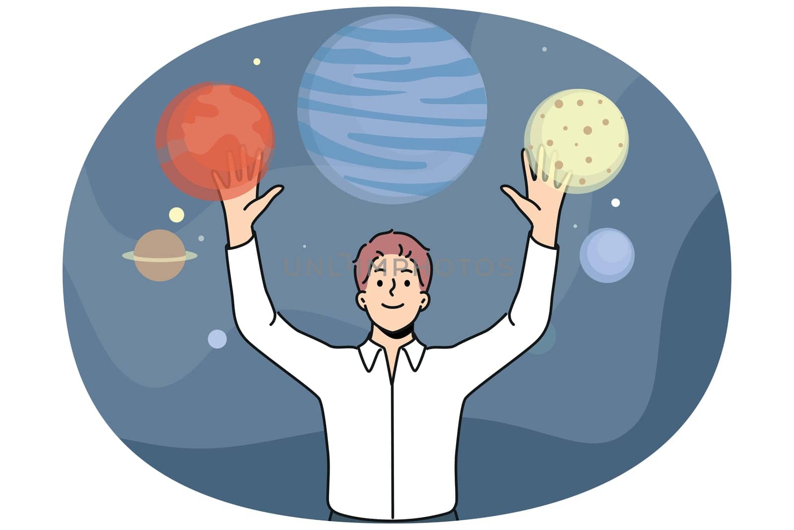 Man stands among planets of space and enjoys virtual reality technology that allows to travel around galaxy. Guy who loves space explores universe thanks to digital planetarium with VR