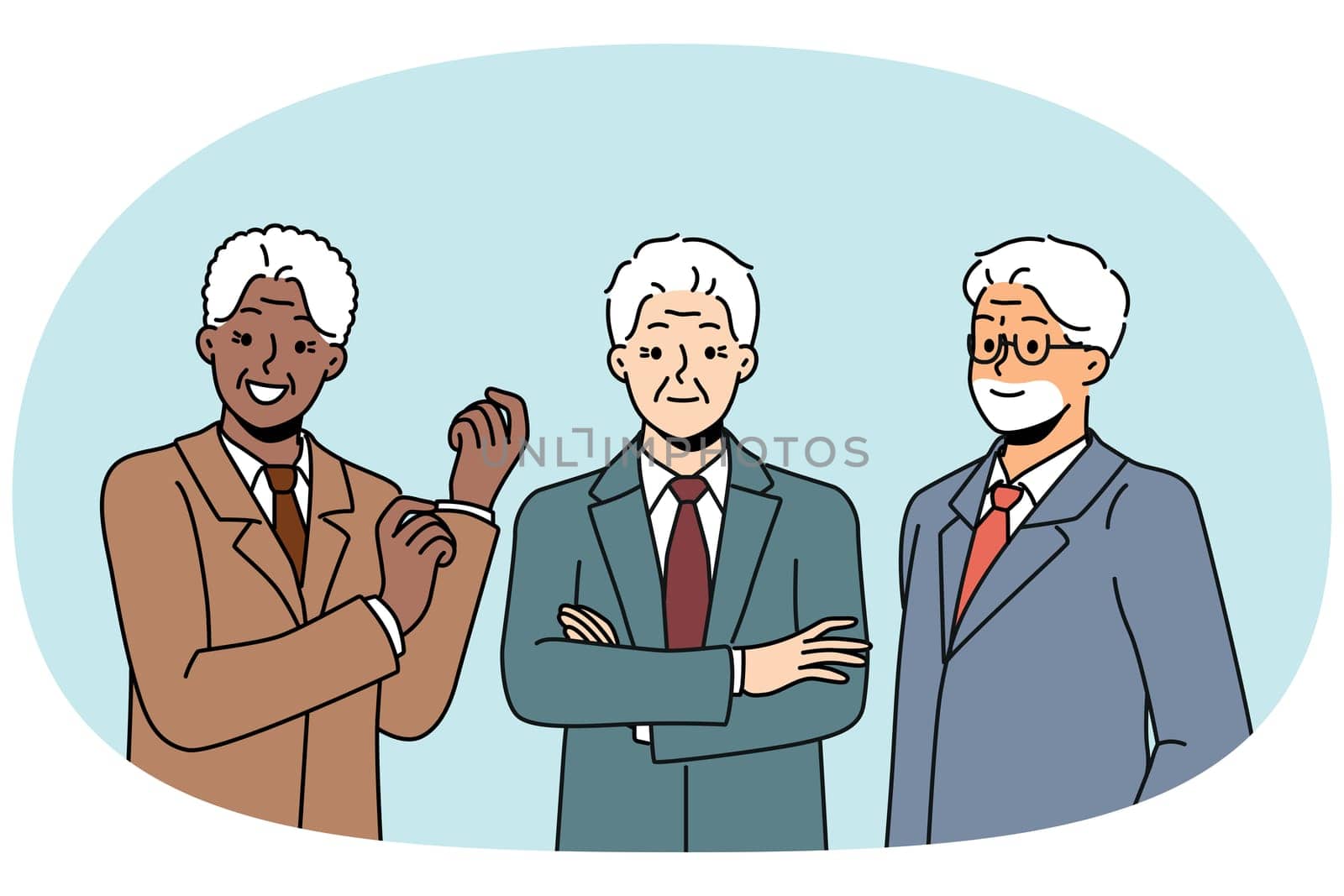 Multiethnic senior businesspeople in formal wear smiling and looking confidently at screen. Multiracial businesspeople founders of corporation or members of board of directors in investment company