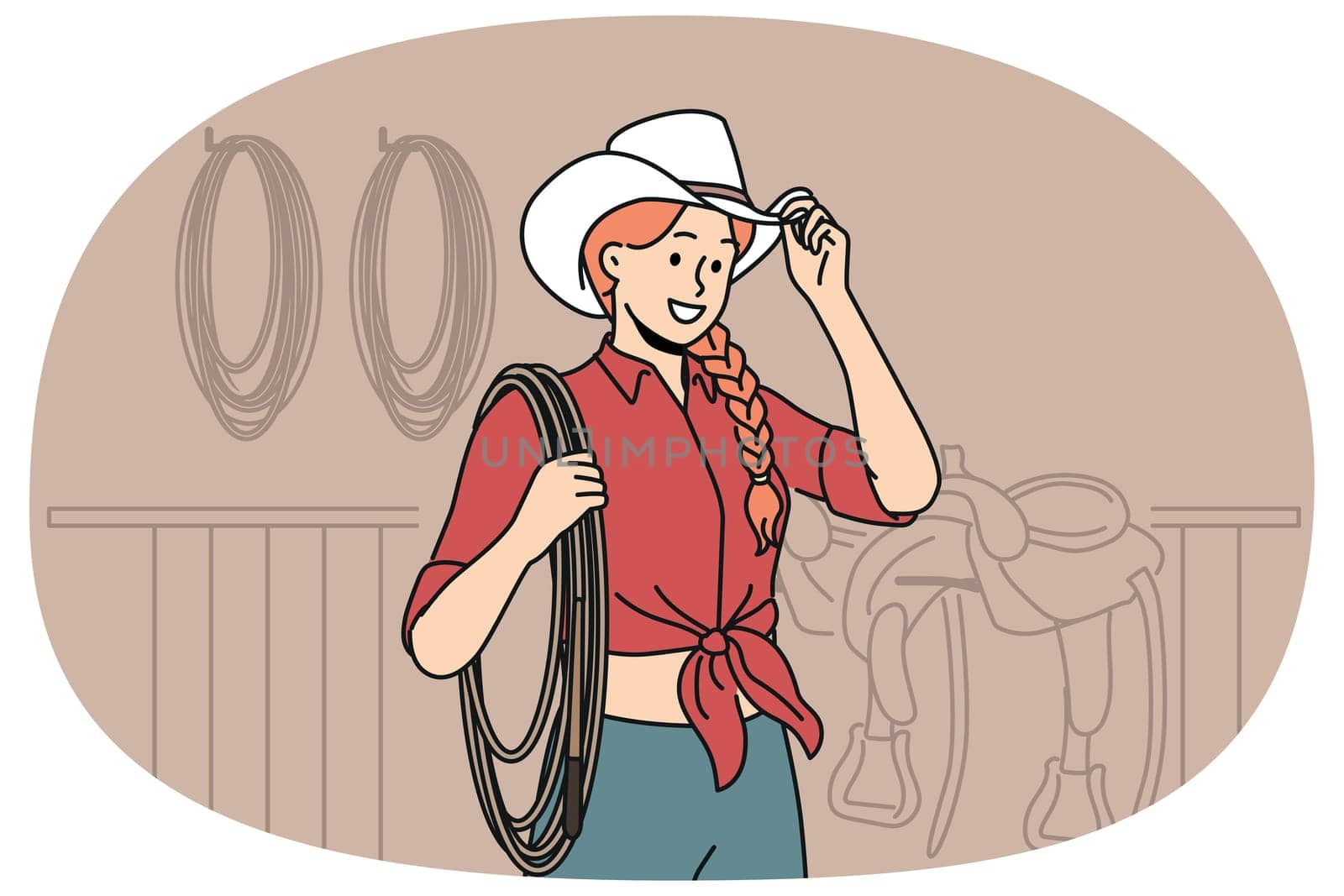 Woman jockey stands in stable wearing cowboy hat and holding long rope waiting for horses to appear. Girl rancher dressed in cowgirl style smiling when you cheer for jockey at races