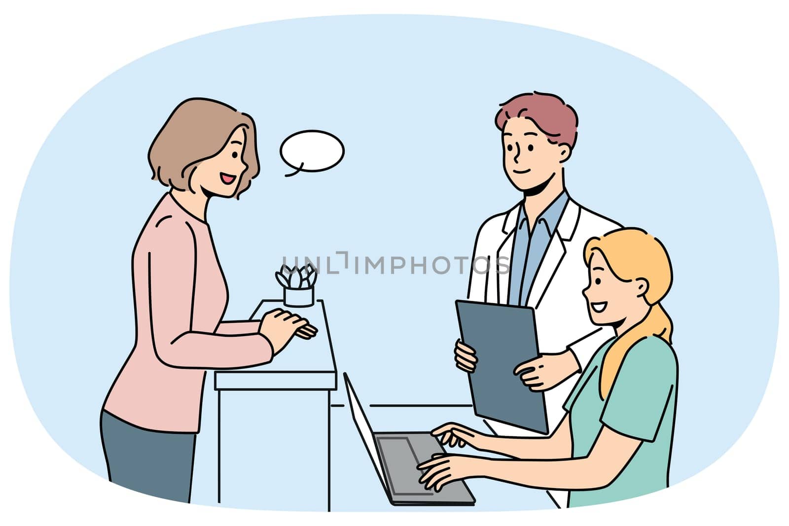 Woman client of clinic stands near reception desk and consults with doctor or chooses convenient time for next appointment. Employees of cosmetology clinic and potential patient are in lobby