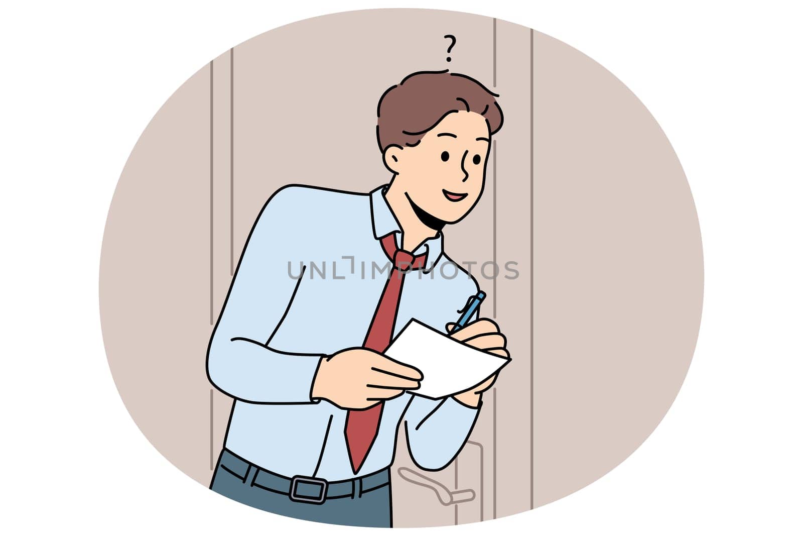 Man eavesdrops on business secrets standing near office door and writing insider information at paper. Guy is spying on boss and trying to get hold of insider data of company or corporation