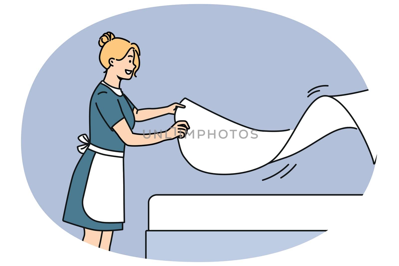 Woman maid makes bed with sheets, preparing hotel room for arrival of new guests. Maid with smile doing job enjoying career in hospitality industry and becoming professional in horeca industry