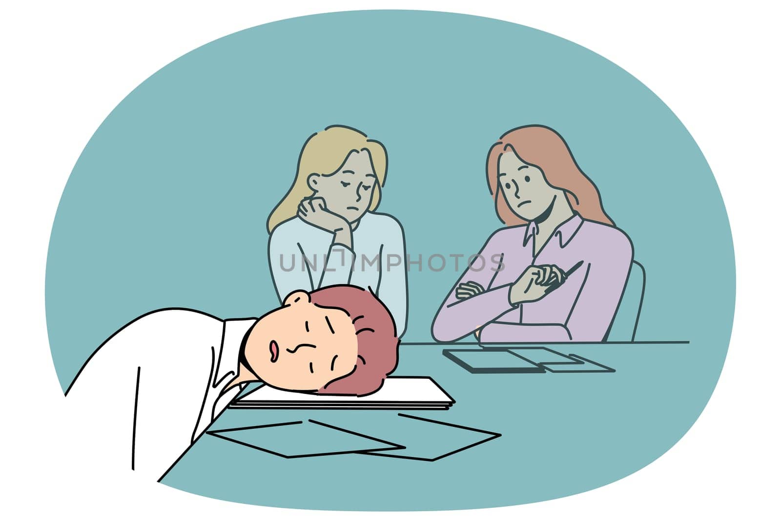 Lazy man sleeps on business meeting due to lack of ambition and motivation to work productively. Lazy guy and colleagues are sitting at table with documents in conference room waiting for boss to come