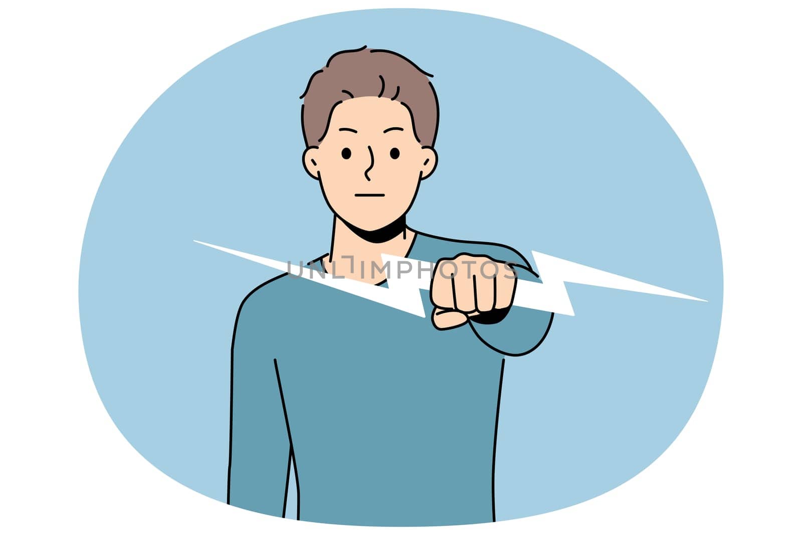 Strong man holding lightning bolt symbolizes energy and determination to solve problems and fight against troubles. Strong courageous guy with symbol of thunderstorm or rainy weather