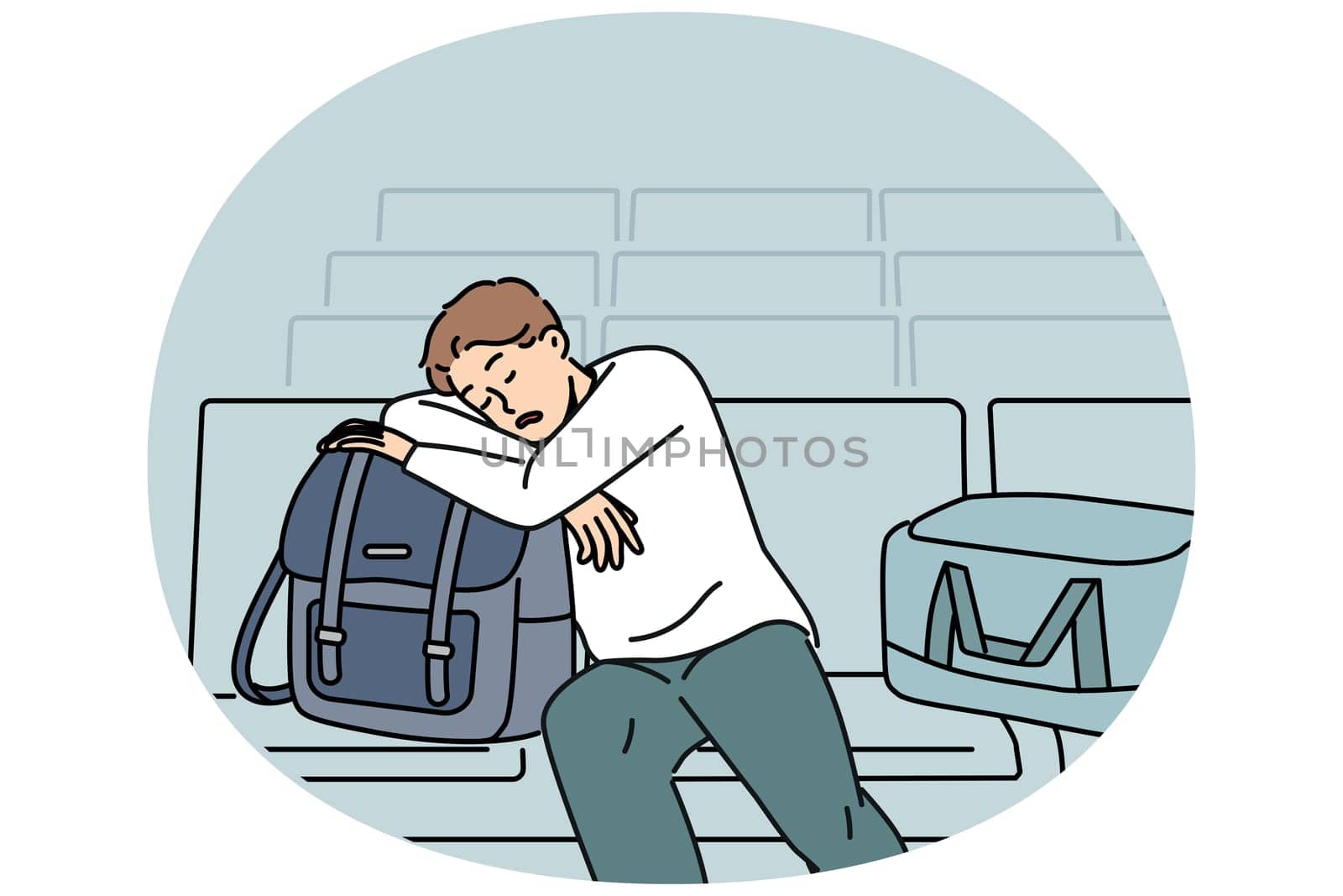 Sleeping man sits in lounge area at airport and waits for arrival of plane delayed due to bad weather. Tired guy airport passenger with bags and luggage waiting for flight and travel