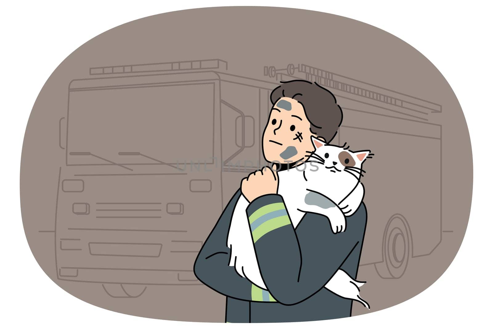 Man firefighter with cat heroically rescued from burning house stands near fire truck and hugs pet. Brave guy in uniform of firefighter or rescue worker helped cat get out of trouble