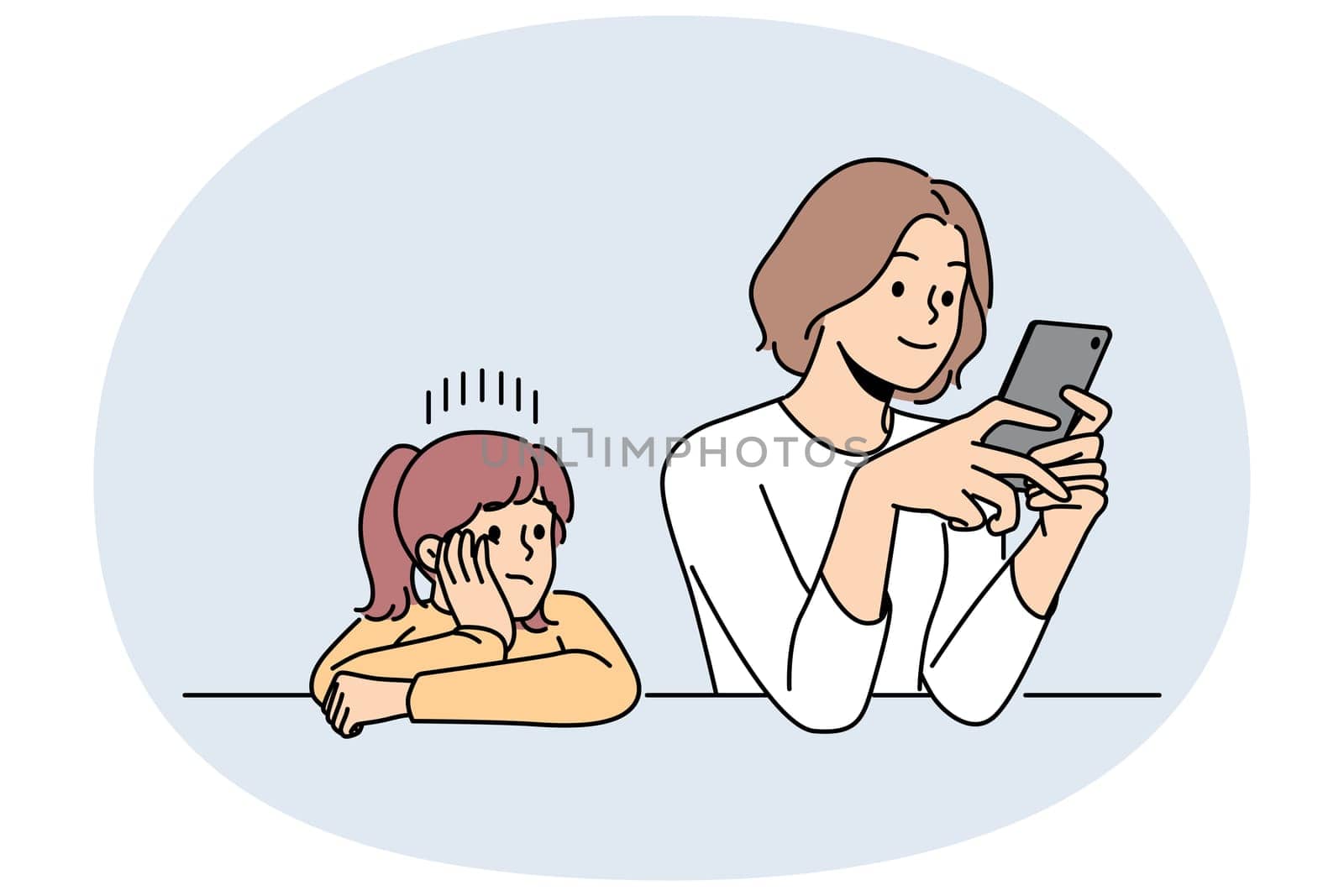 Busy mother does not pay attention to child, being addicted to mobile phone and forgetting about daughter. Woman with smartphone is not engaged in raising child due to lack of time.