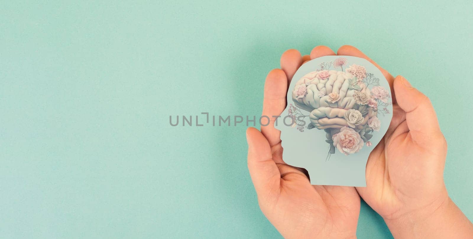 Human brain tree with flowers, self care and mental health concept, positive thinking, creative mind