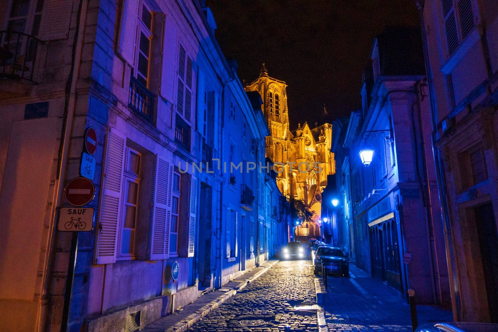 Bourges, France - August 29 2019: The old town center of Bourges and the cathedral during lights nights, Bourges, Centre-Val de Loire, France