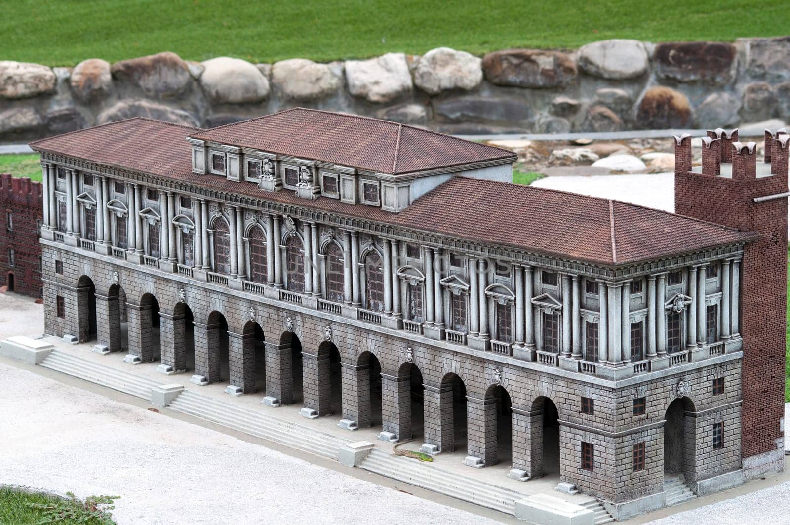 Viserba, Italy - June 25, 2024: City Hall at Verona at Theme park Italy in Miniature or Italia in Miniatura in Rimini, Italy - Reproduction of famous attractions in a small scale