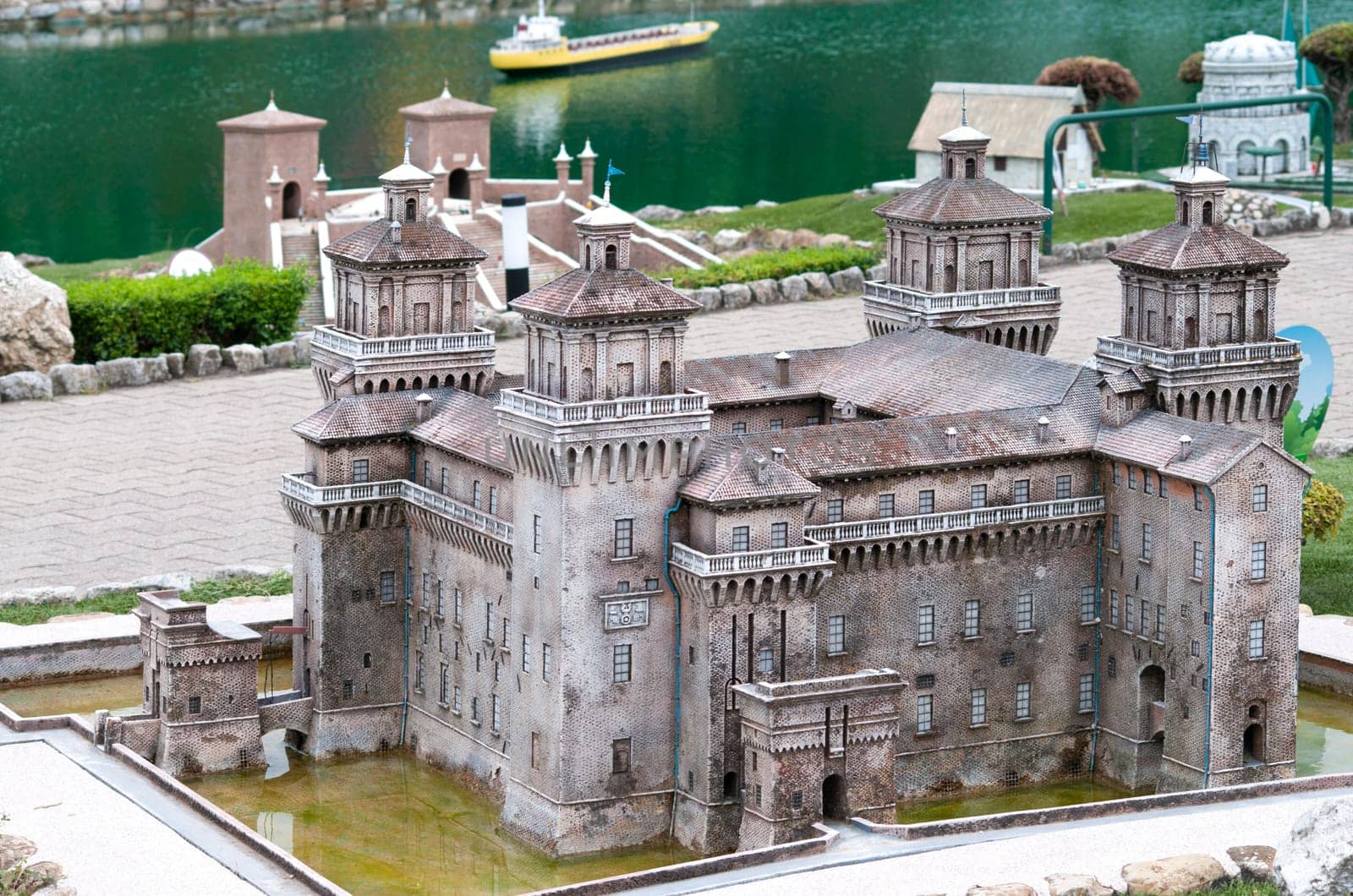 Viserba, Italy - June 25, 2024: Castello estense di Ferrara at Theme park Italy in Miniature or Italia in Miniatura in Rimini, Italy - Reproduction of famous attractions in a small scale