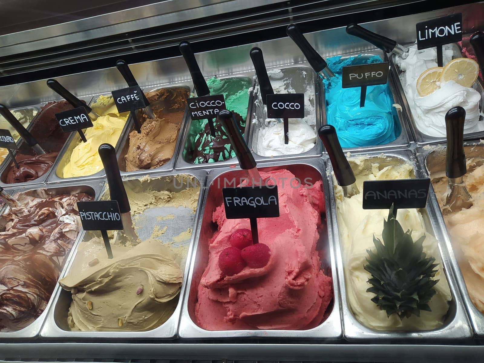 Different flavors of italian ice cream at Genoa Italy