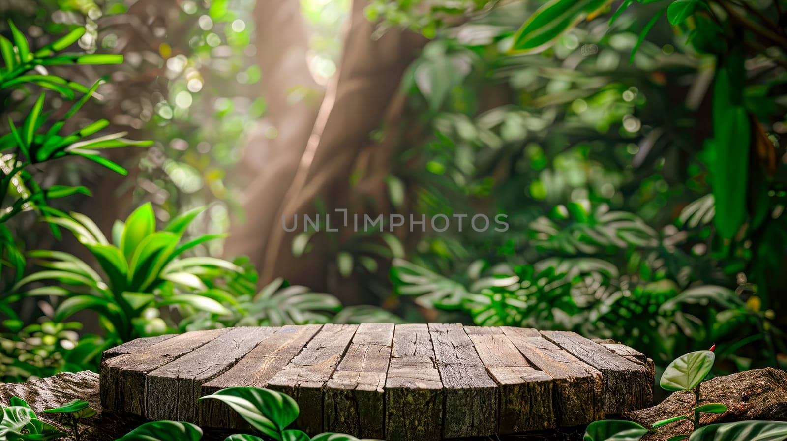 Empty table top wooden podium in outdoor tropical garden forest. Organic product present natural placement pedestal display.AI generated