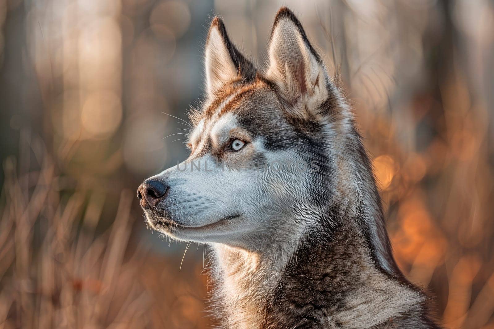 Siberian Husky dog portrait with blue eyes and gray coat color, cute sled dog breed. Friendly husky dog portrait outdoor forest background. AI generated