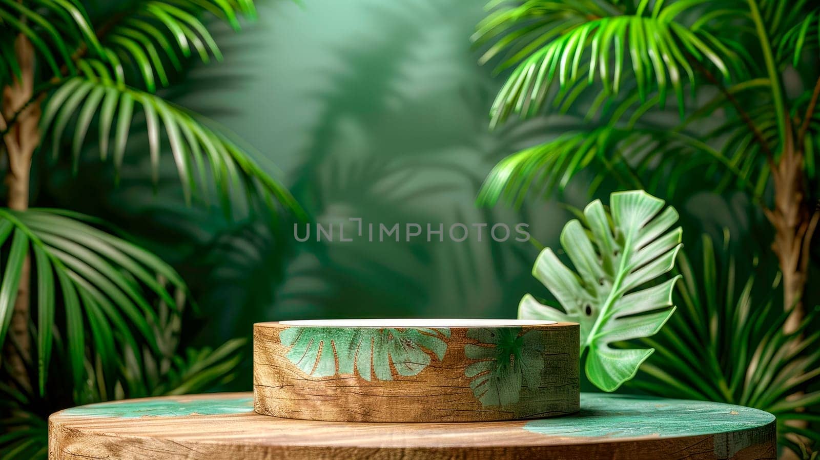 Empty table top wooden podium in outdoor tropical garden forest. Organic product present natural placement pedestal display.AI generated