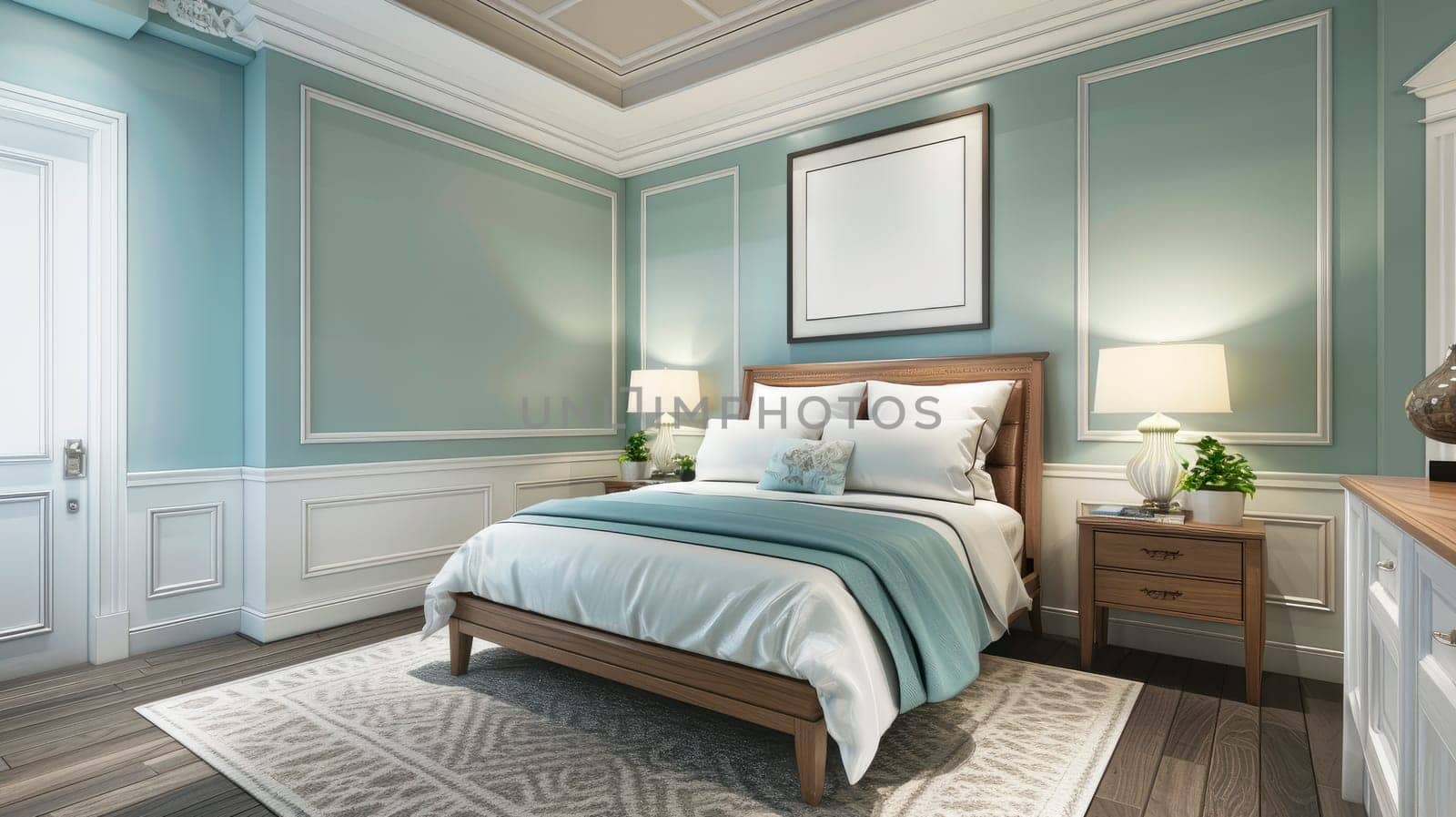 Stylish bedroom interior with large comfortable bed and blank picture frame. AI generated