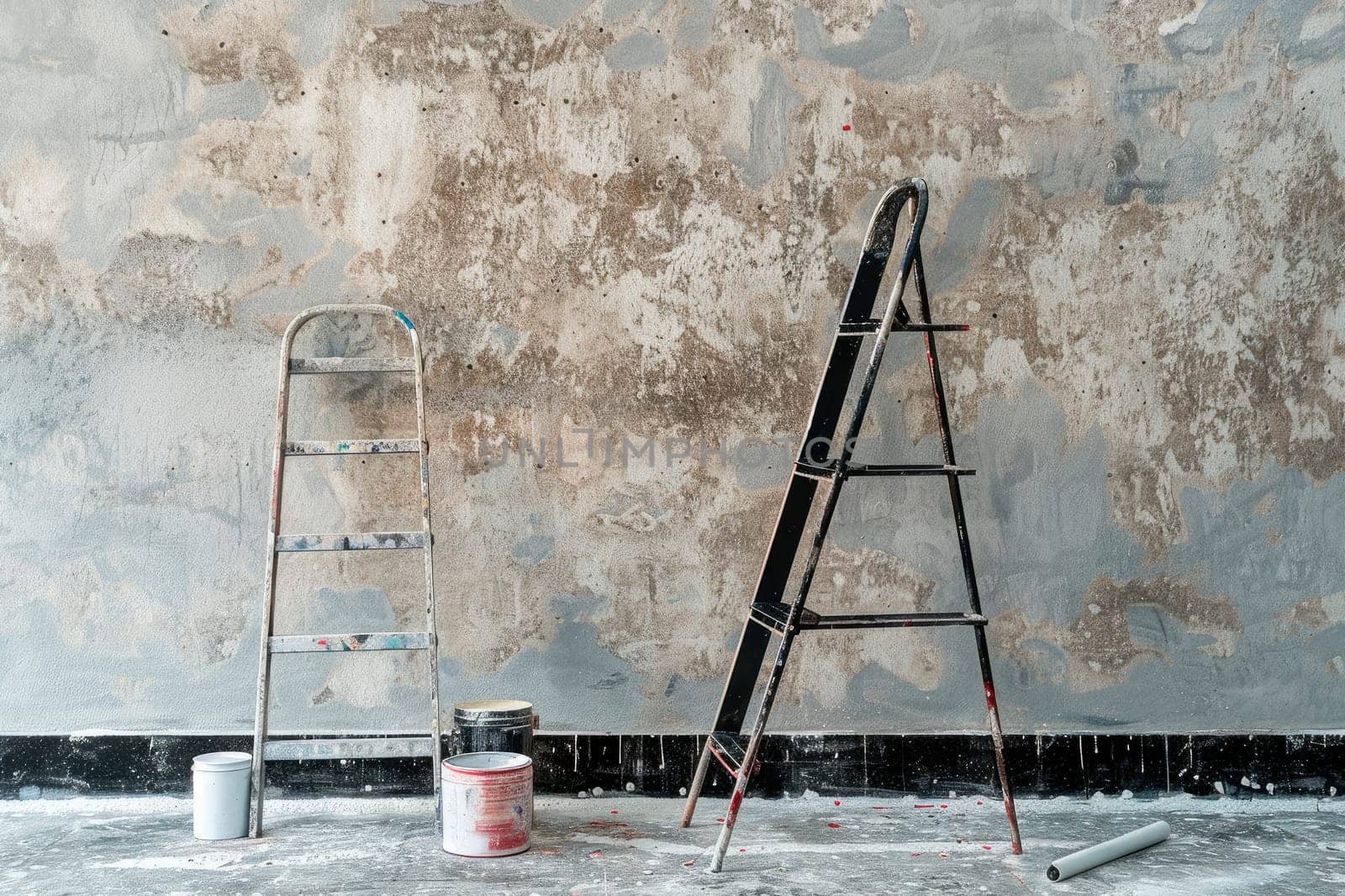 Home renovation - old flat during renovation. Aluminium ladder in a room under construction works. Repair process in an empty bright room.AI generated