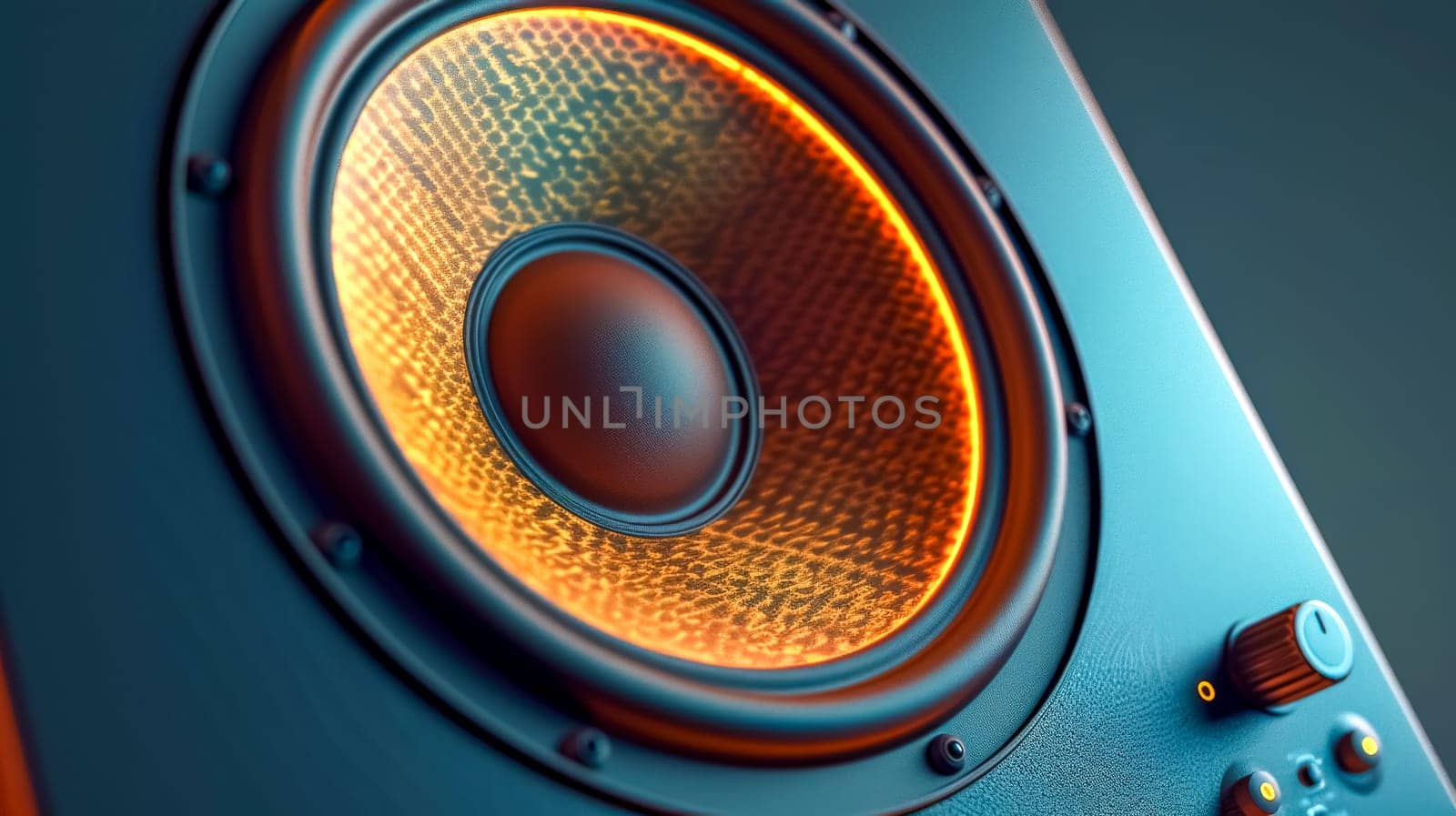 Close-up of a speaker diaphragm vibrating at high volume, illuminated with a warm orange light, creating a sense of power and energy