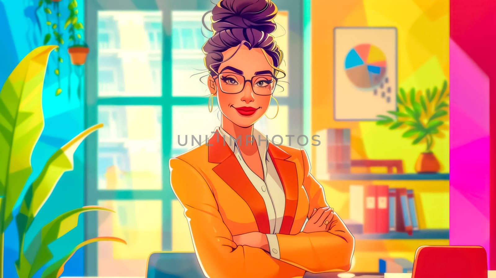 Illustration of a businesswoman with her arms crossed, standing in a modern office with bright colors and large windows, conveying a sense of confidence and success
