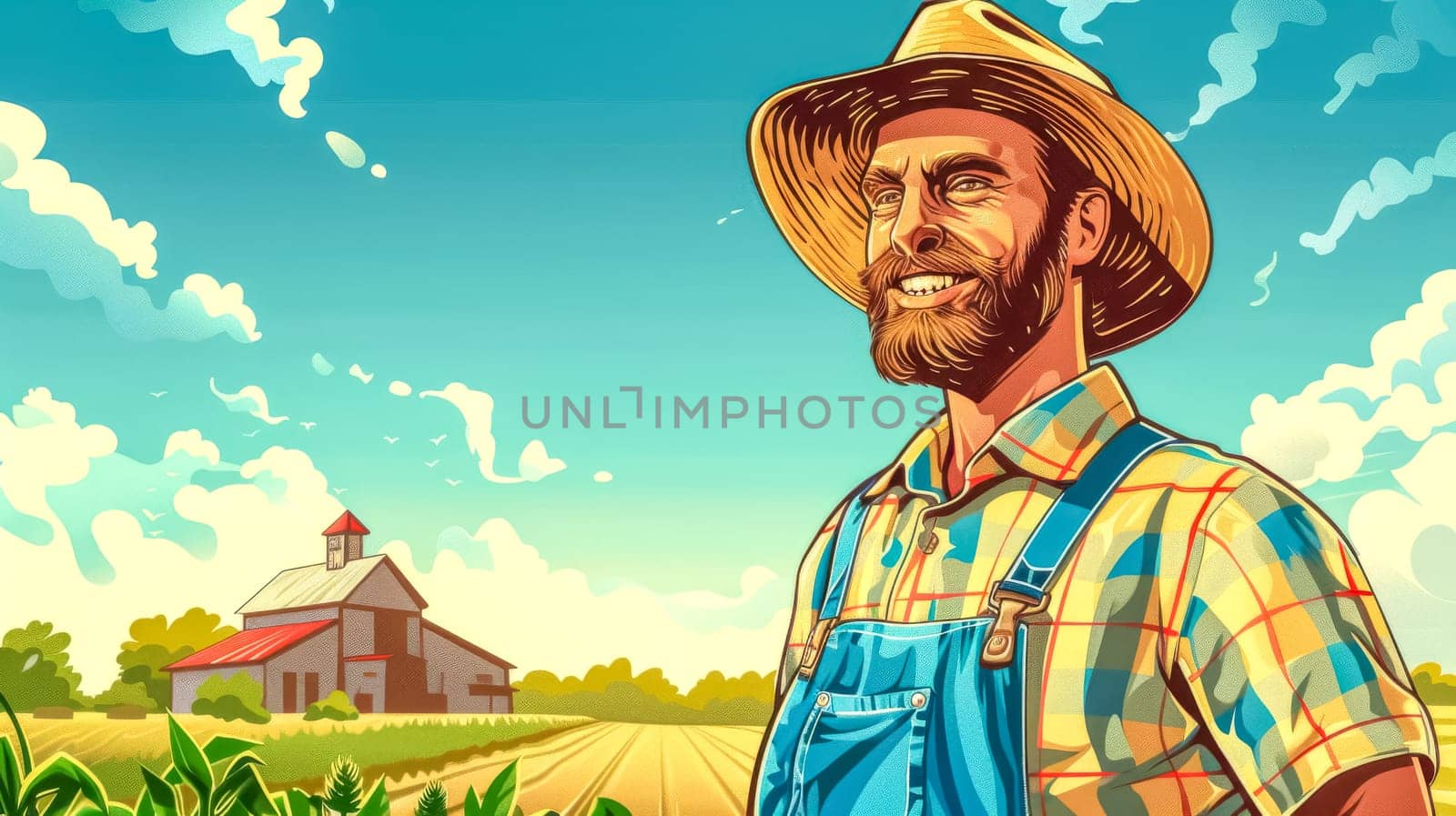 Farmer wearing a straw hat and overalls smiles while standing in front of a farm with a red barn and a bright blue sky
