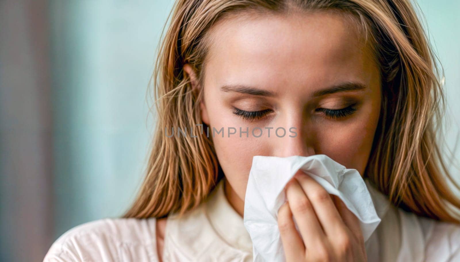 A young woman in her 20s blowing her nose with a tissue. She appears to be indoors and is possibly experiencing cold or allergy symptoms.