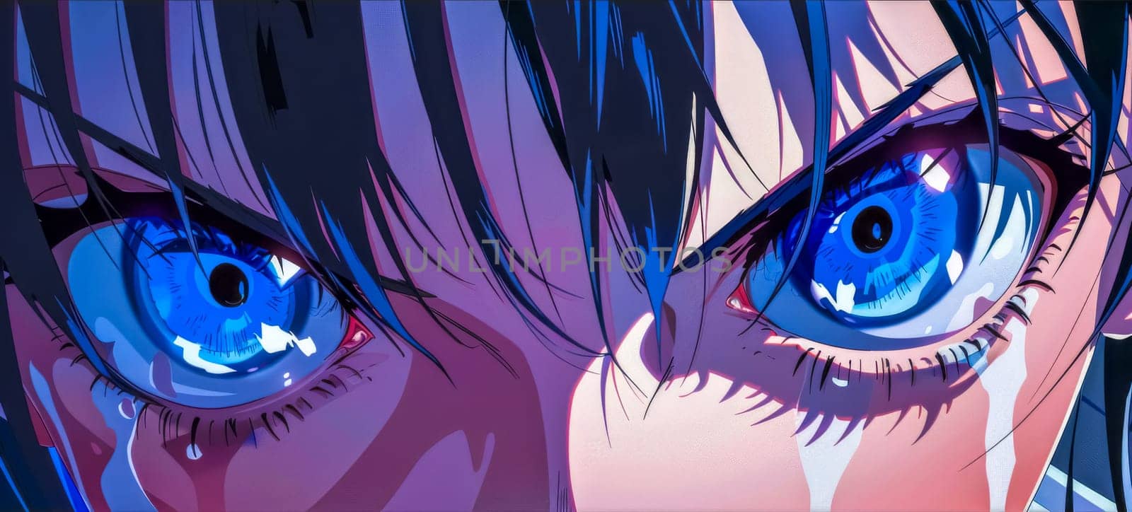 Illustration of a powerful and emotional moment of an anime character with glowing blue eyes, expressing sadness, anger, or determination