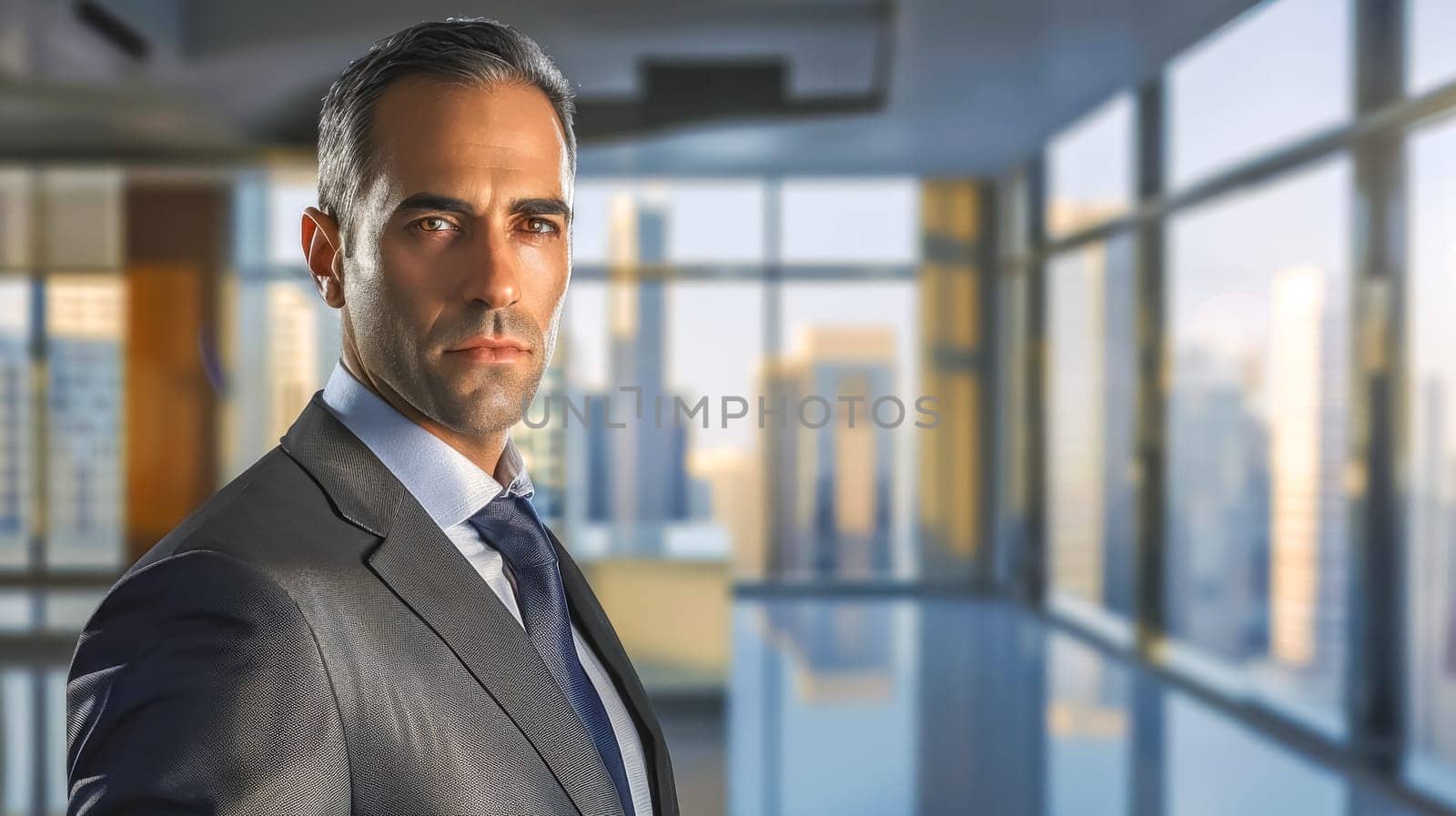 Mature businessman in a suit is posing in a modern office with large windows offering a panoramic view of a city skyline