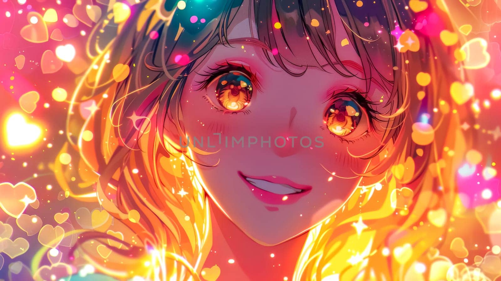 Anime style illustration of a young woman with brown hair and glowing golden eyes, smiling serenely against a vibrant background of bokeh lights and hearts