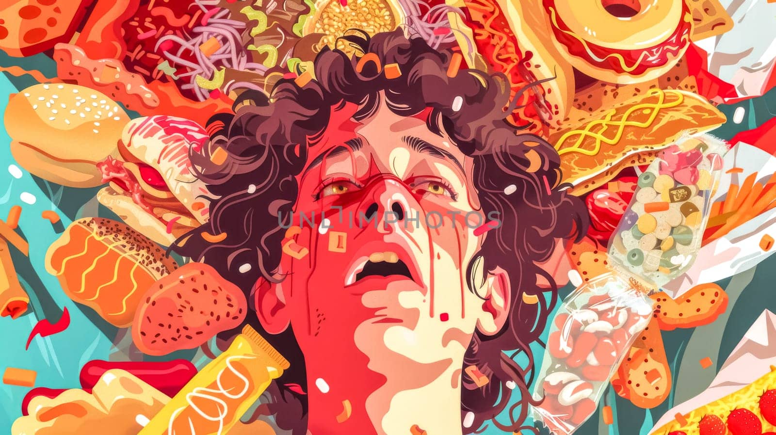 Illustration of a young man with curly hair, lying down, covered with junk food and looking desperate, a concept for food addiction and overconsumption