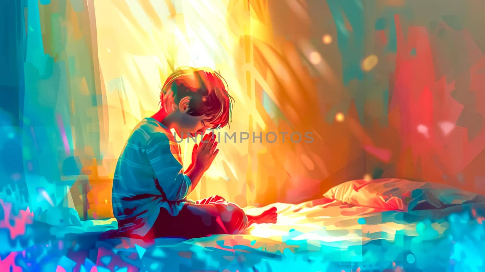 Illustration of a boy kneeling on his bed with his hands together in prayer as the sun shines brightly through the window behind him