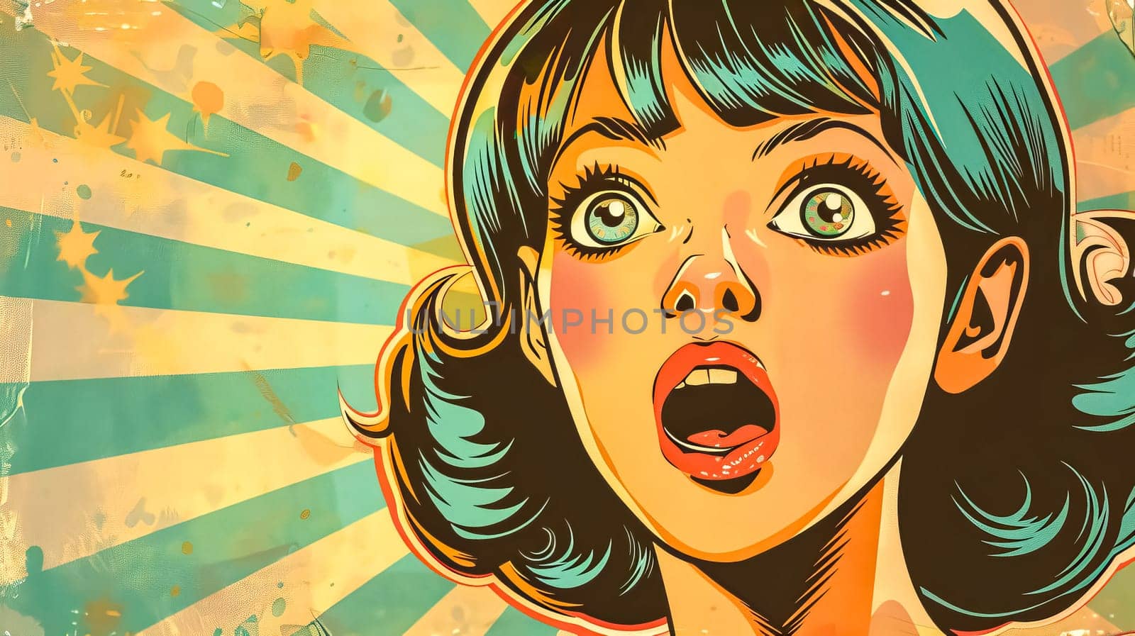 Young woman with blue hair looks shocked and amazed in a pop art style illustration, perfect for conveying astonishment with bold colors and retro vibes. Perfect for projects needing excitement