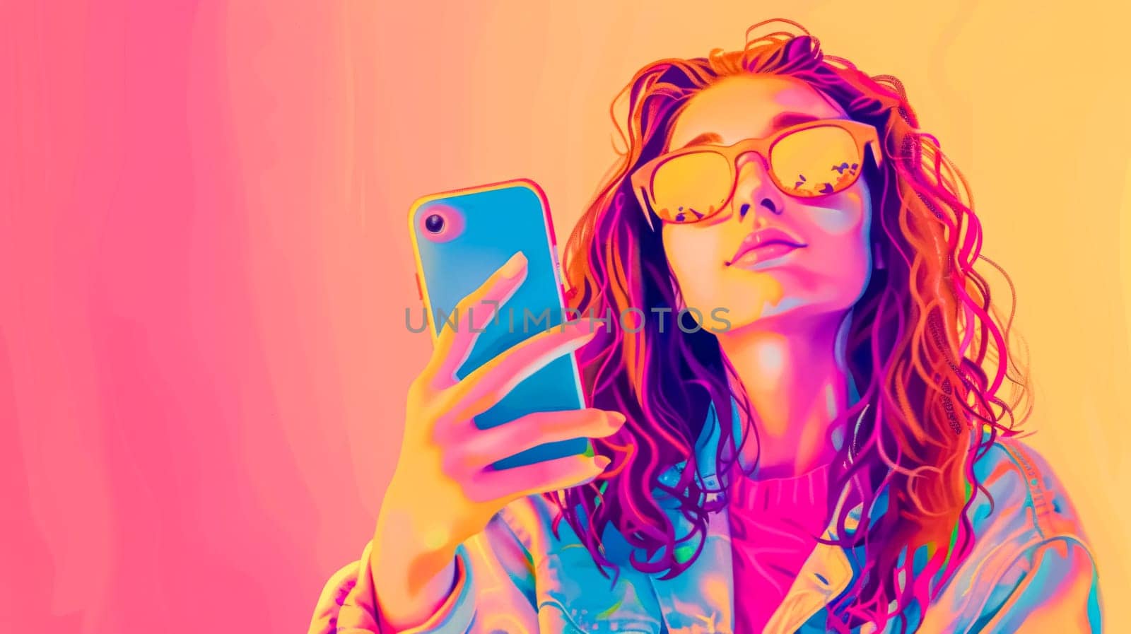 Confident young woman taking a selfie with smartphone against colorful background, embodying trendy, modern blogger style