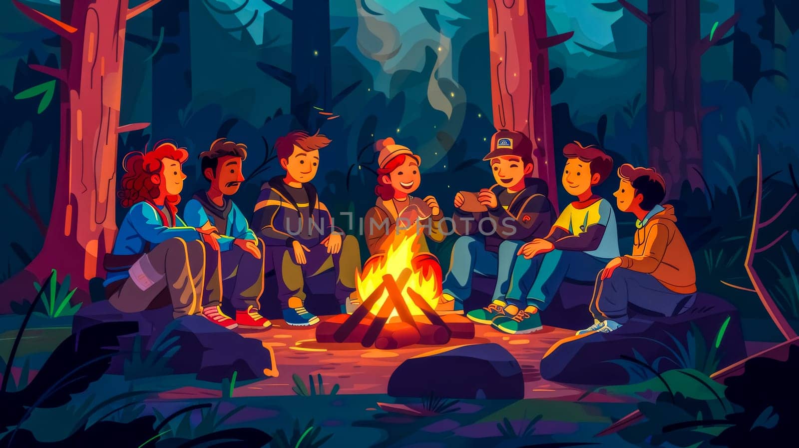 Friends gather around a campfire in the forest, sharing stories and laughter under the twinkling night sky. Enjoying warmth and togetherness in nature, capturing youth, friendship, and outdoor joy