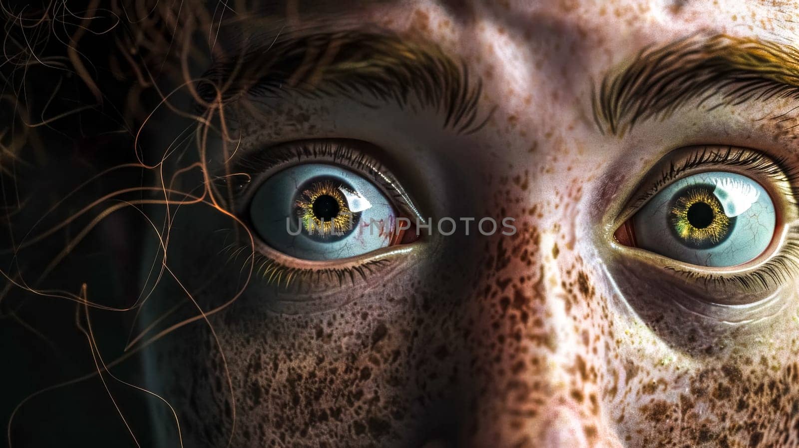 Close-up of a face with freckles showing wide open eyes, expressing fear and panic, with glowing lines in the background