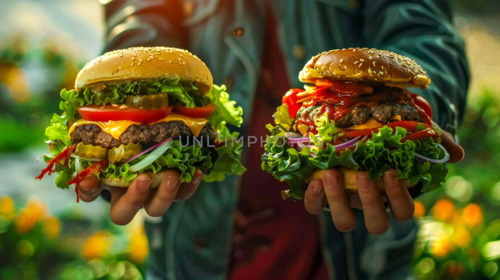Man holding two delicious homemade burgers with fresh veggies and beef patties, topped with cheese, lettuce, tomato, and onion on sesame buns. Perfect for a satisfying meal