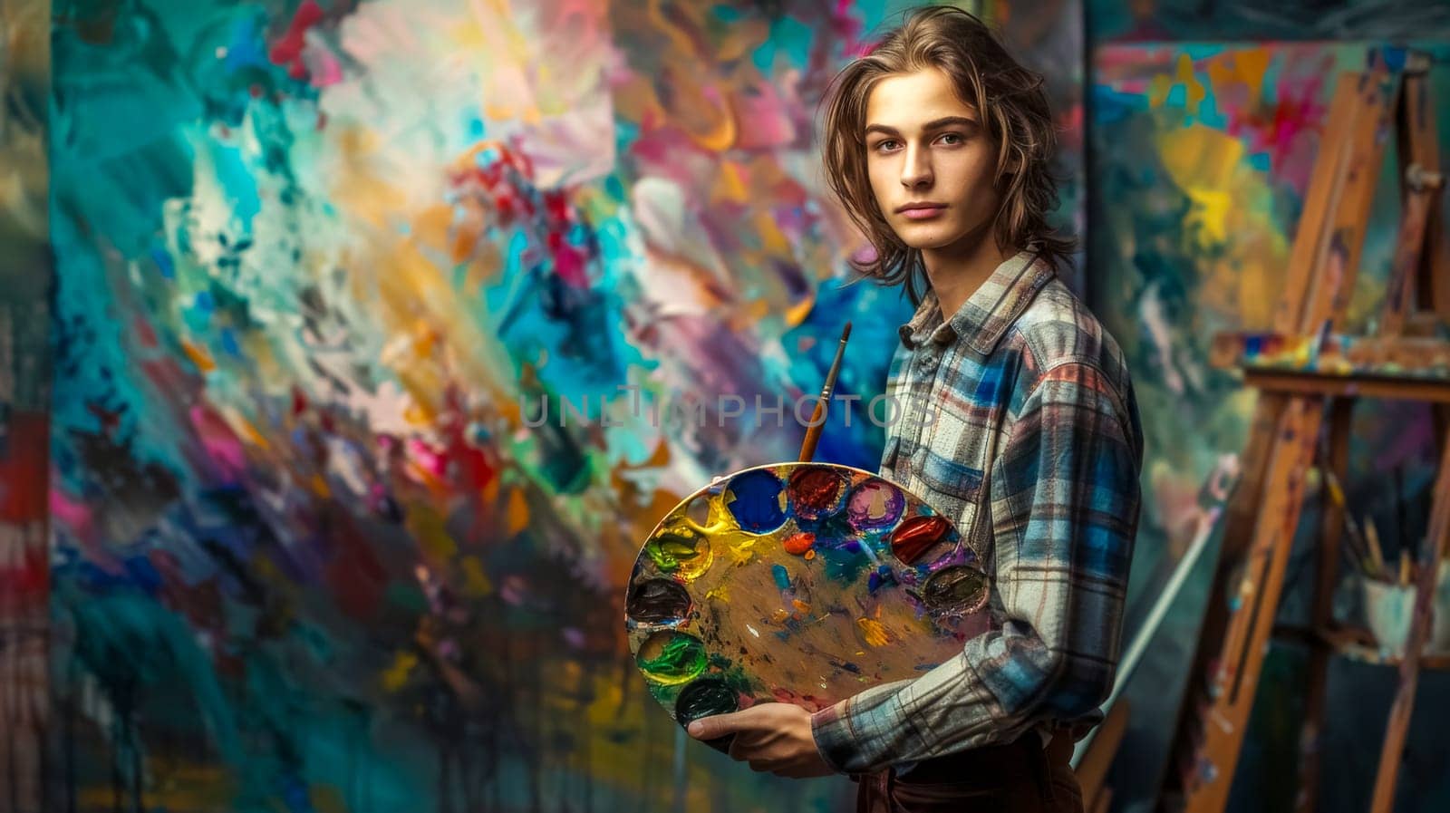 Confidently standing in his vibrant art studio, a talented painter holds a colorful paint palette and brush, surrounded by abstract paintings, exuding creativity and inspiration