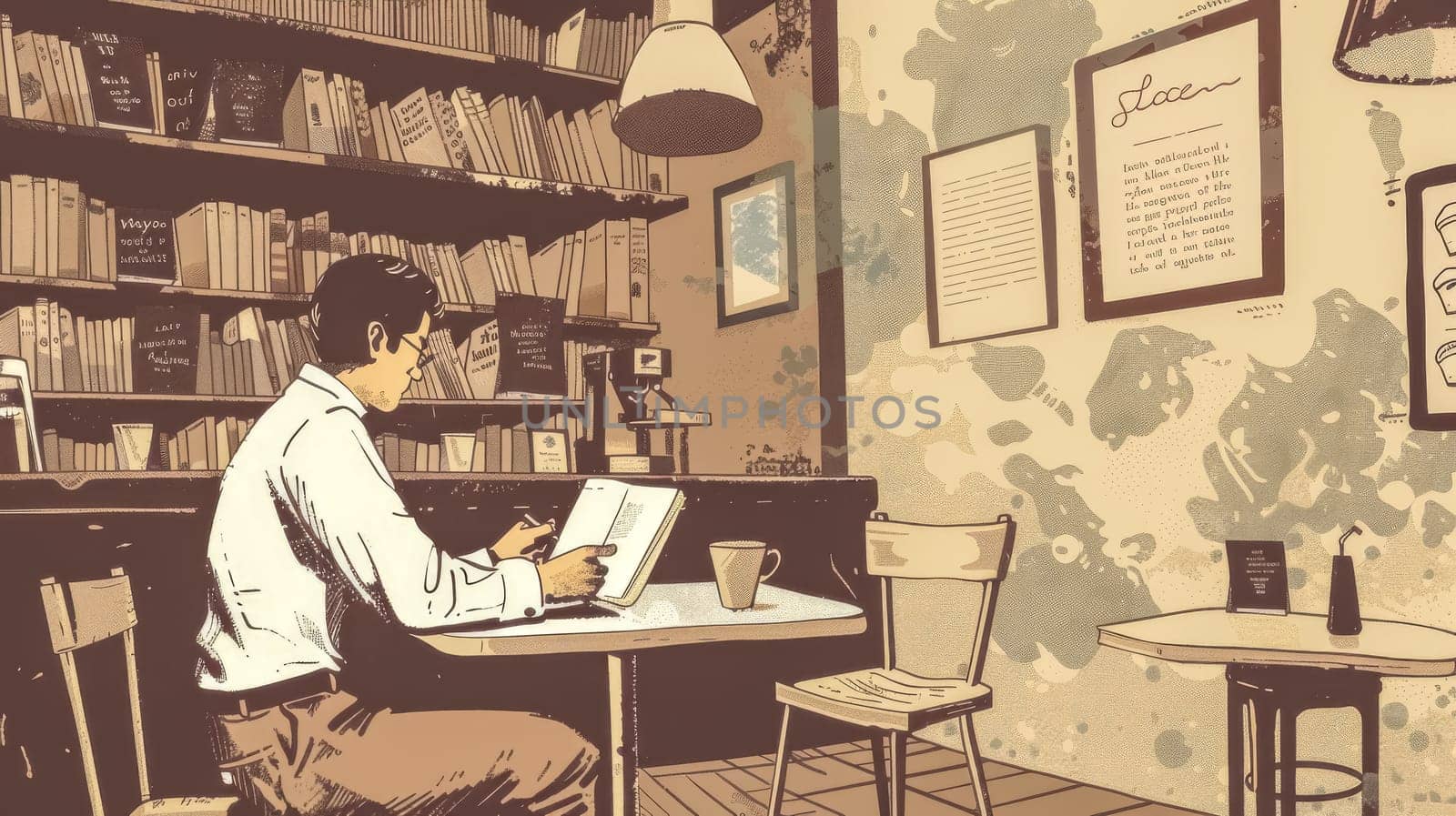 Young man is sitting in a cafe, enjoying a coffee break and studying for his next exam. He is surrounded by books and appears to be very focused on his work
