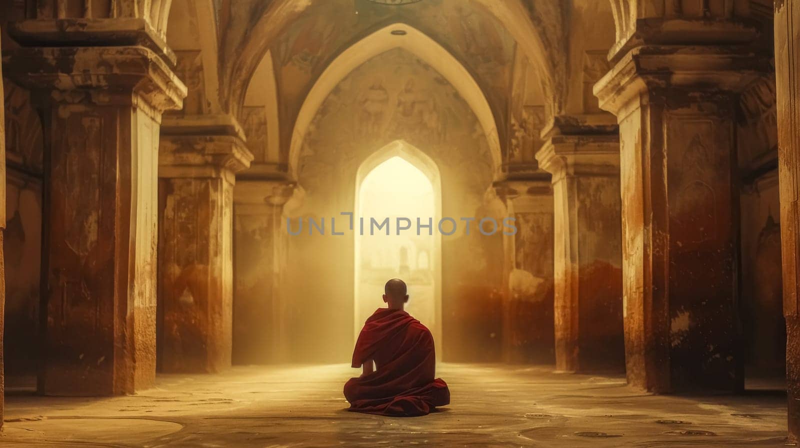 Buddhist monk wearing a red robe is sitting in the lotus position, meditating inside a temple with the sun shining through the doorway