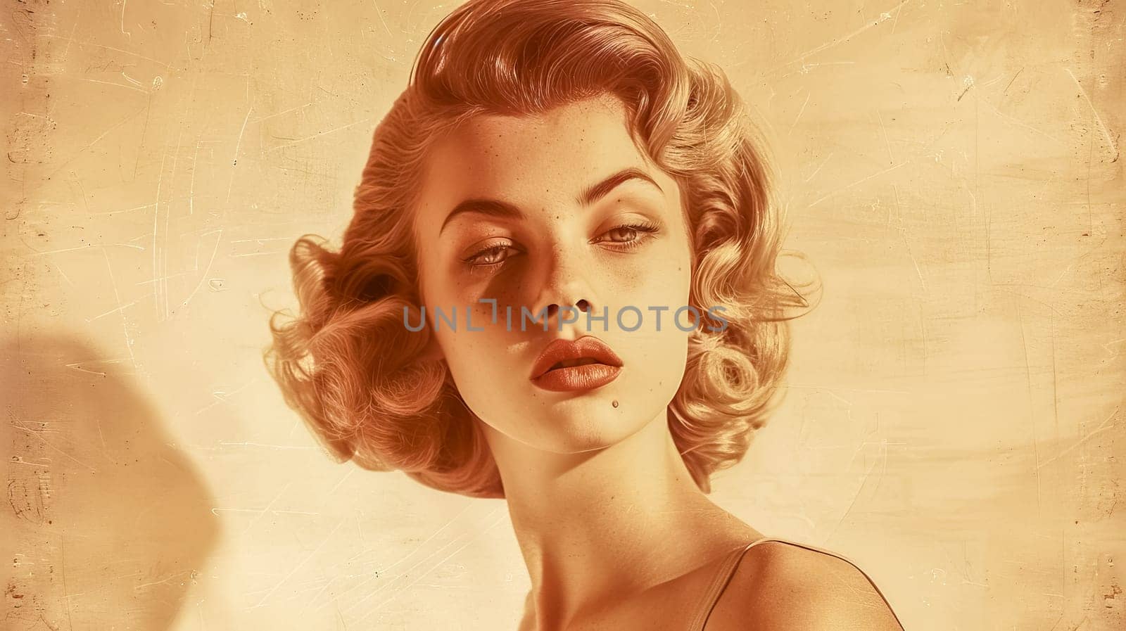Portrait of beautiful caucasian woman with short blonde hair styled in 1950s fashion posing in studio with vintage effect