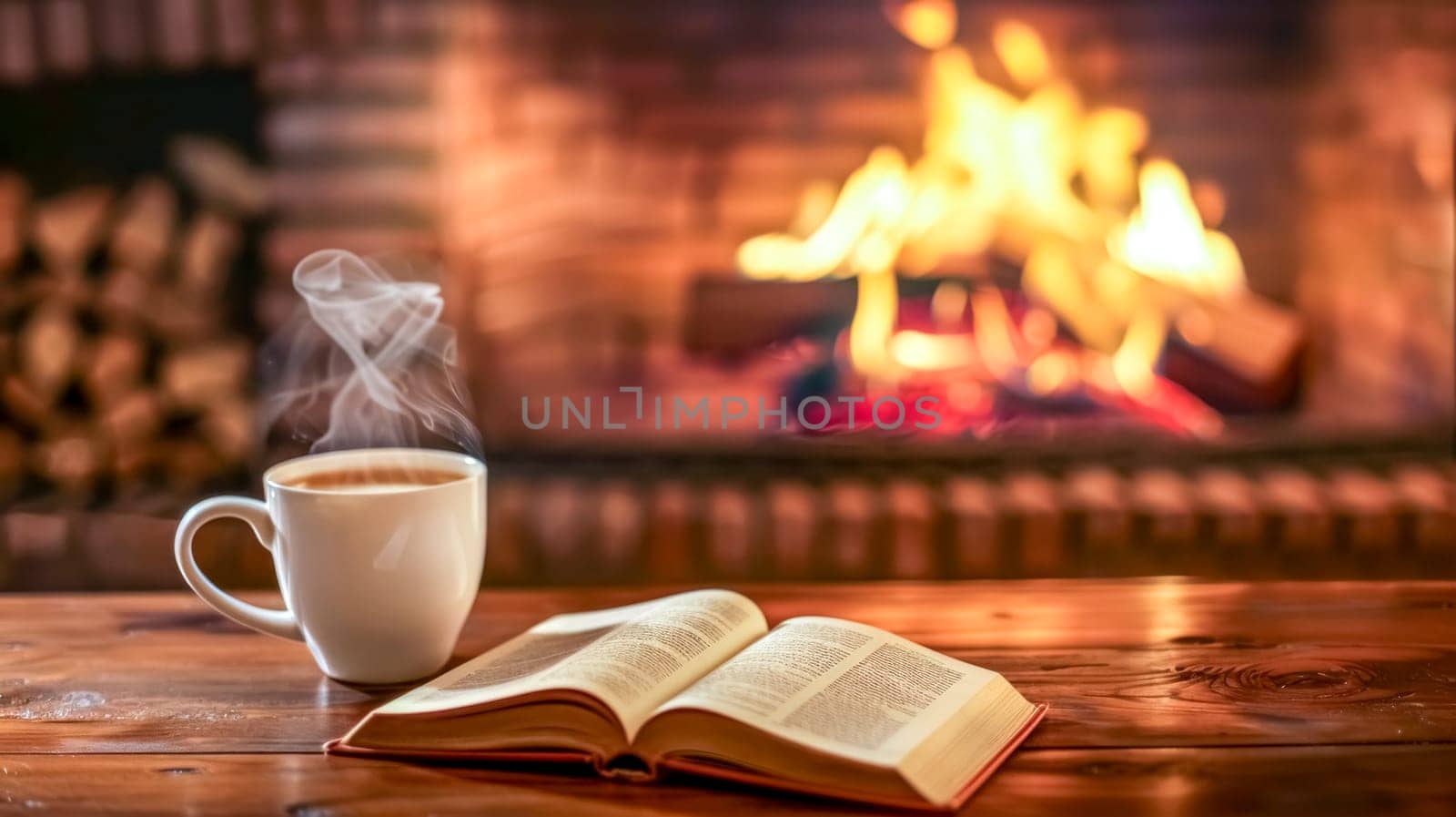 Steaming cup of coffee and an open book are resting on a wooden table in front of a cozy fireplace, creating a warm and inviting atmosphere