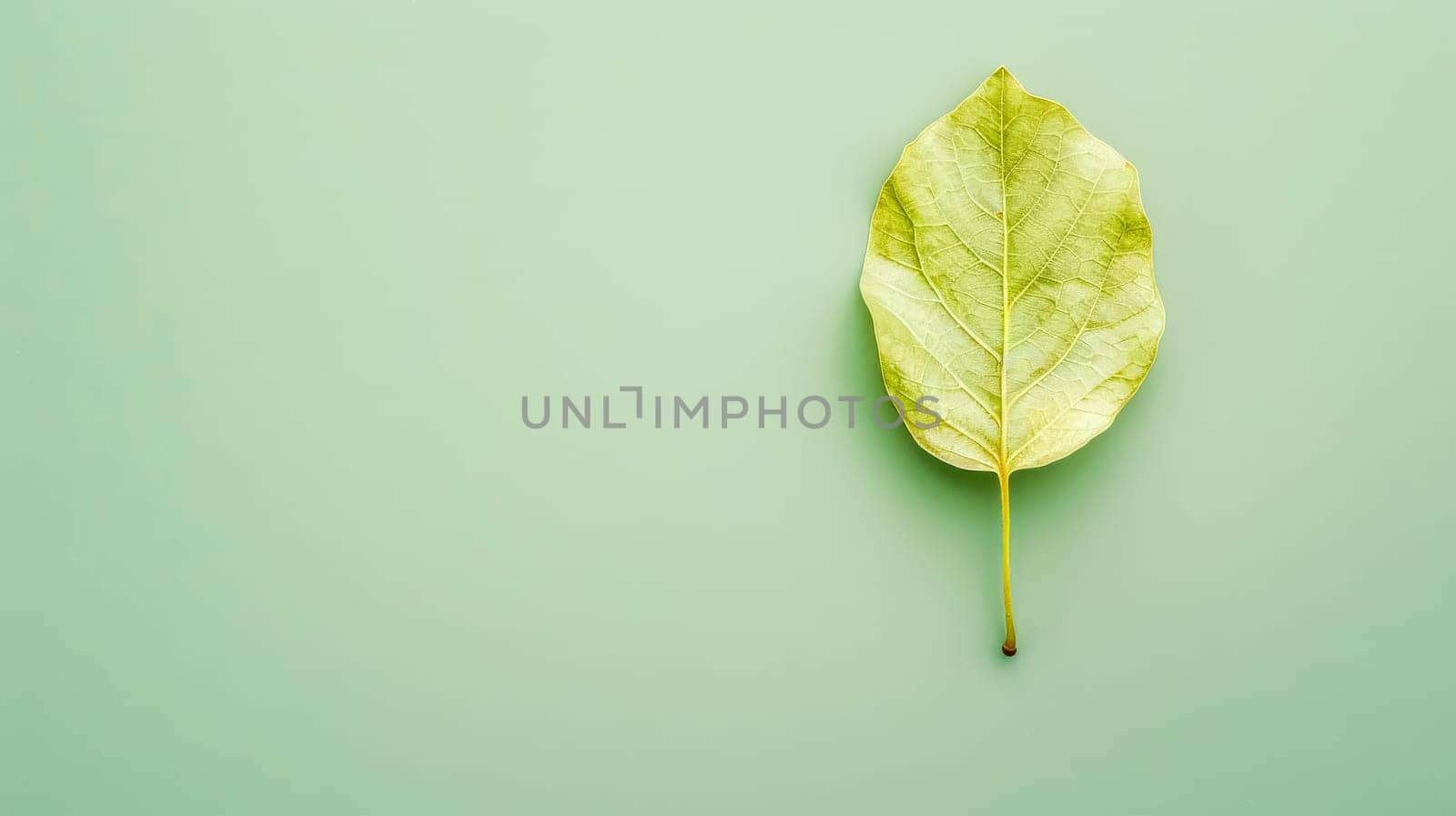 Single dried yellow leaf on vibrant green background, perfect for adding text or design. Captures nature in autumn with intricate details. Ideal for cards, invites, posters, or flyers