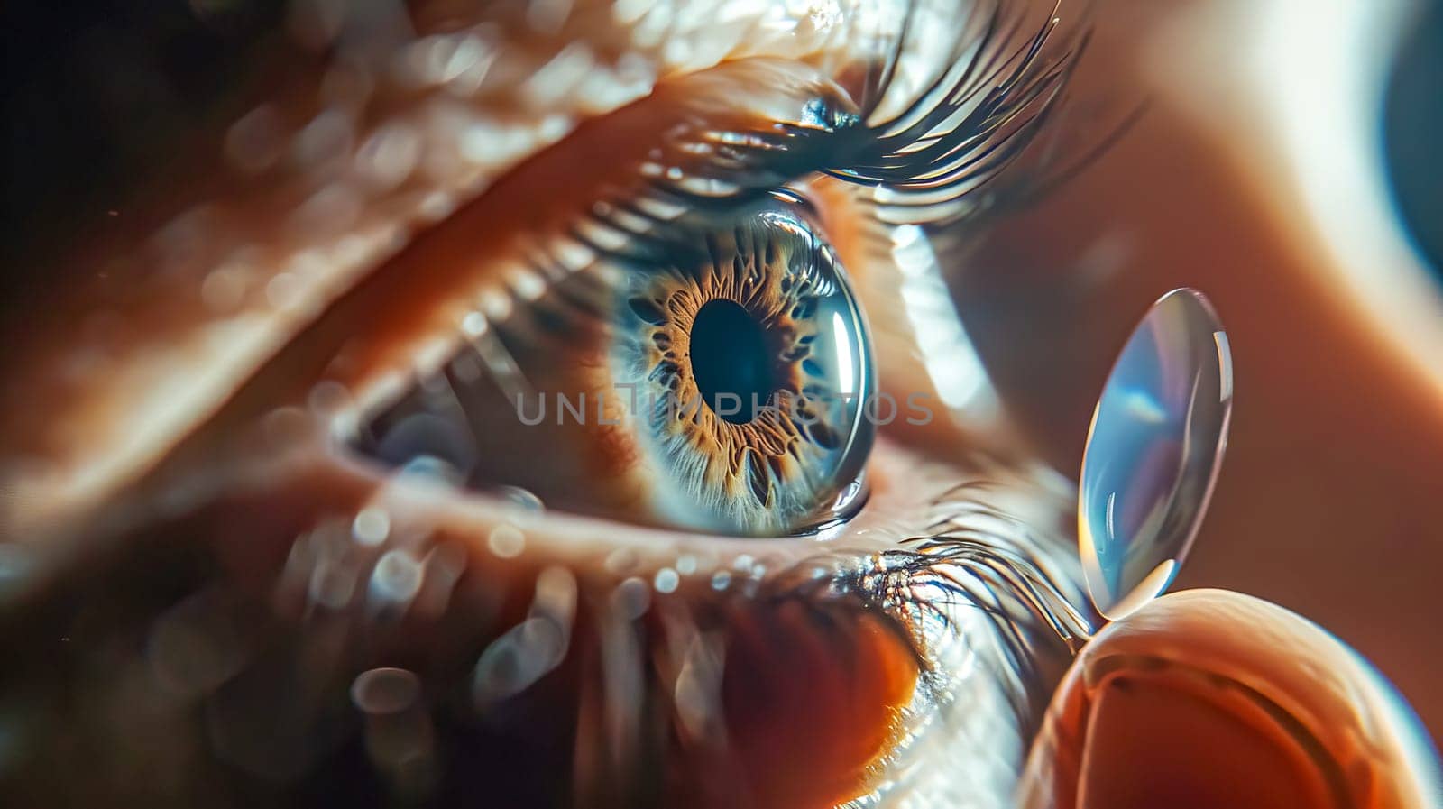 Close-up of a blue eye with a contact lens being inserted, highlighting the delicate nature of eye care and vision correction